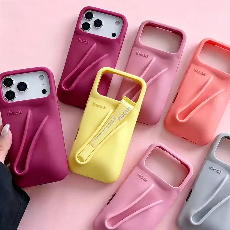 For IPhone 17 16 12 13 14 15 11 Pro Max Plus Fashion Phone Case Gray Toast Espresso Ribbon Lip Gloss Holder Silicone Cover