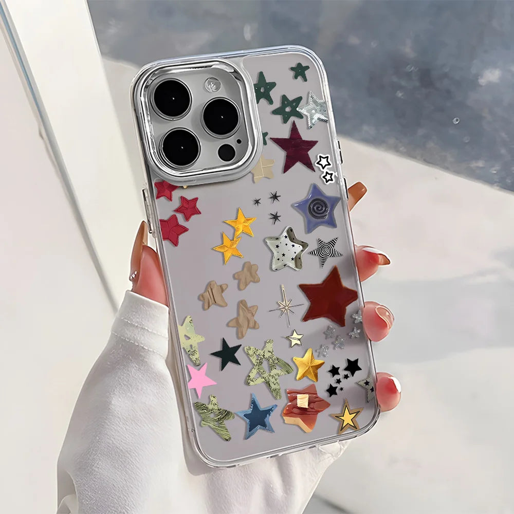 Korean Creative Threaded Star Silver Lens Frame Phone Case For iPhone 17 Pro Max Air 16 15 Pro Max 14 Pro13 12 11 Silicone Cover
