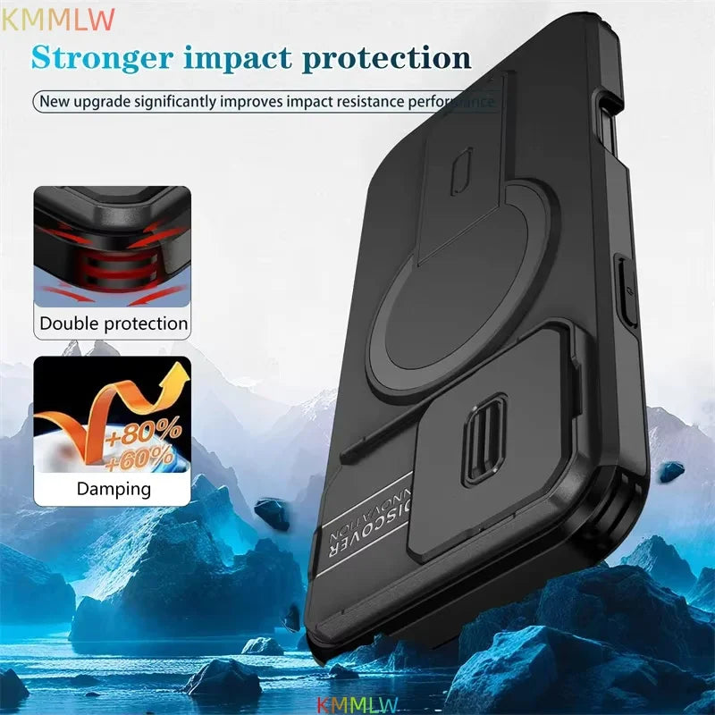 Lens Protect Camera Phone Case for iPhone 13 14 15 16 Pro Max 15Plus 16Plus 14Plus 16e 16 15 14 Pro 17 Magnetic Kickstand Cover
