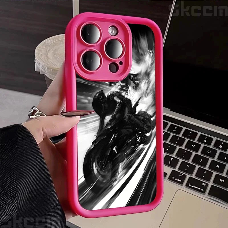 Fashion Black Biker Motorcycle Phone Case For iPhone 16 Pro Max 15 14 13 12 11 7 8 Plus X XS XR Shockproof Silicone Soft Cover