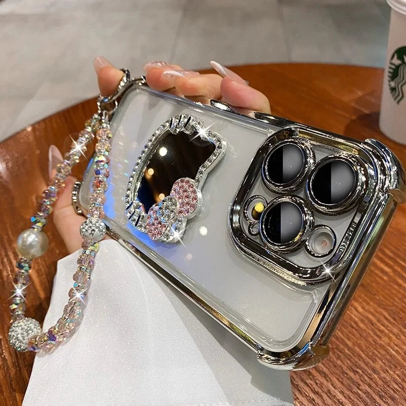 Shockproof Plating TPU Cat Mirror Phone Case For iPhone 17 Pro Max Air 16 16E 15 14 Plus 13 12 Mini 11 With Bracelet