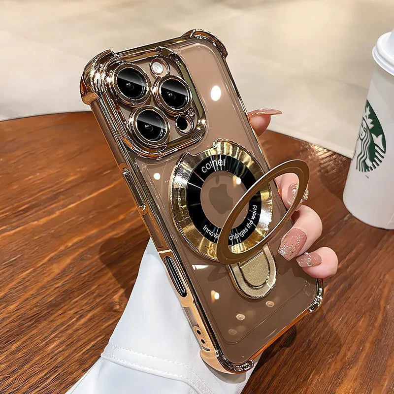Luxury Plating For Magsafe Wireless Charge Case For iPhone 17 Air 16 15 14 13 12 11 Pro Max Plus Clear Magnetic Stand Cover
