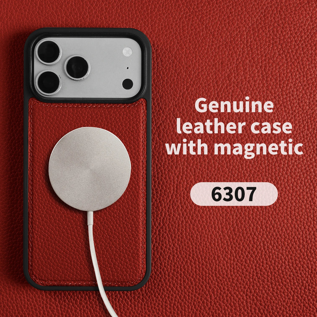 For Magsafe Lychee Genuine Leather Case For iphone 17 Pro Max 16 15 14 Air 17e 16e 11 12 13 Phone Case Magnetic Back Cover Coque