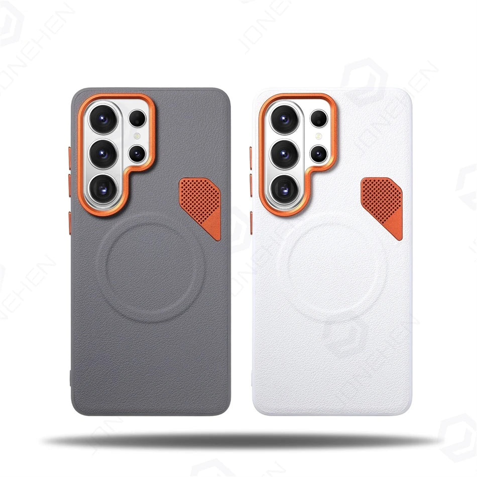 Orange Vent Magnetic Suction Ring Lens Heightening Case For Samsung Galaxy S24 Plus S25 S26 Ultra PU Leather Cover For Magsafe