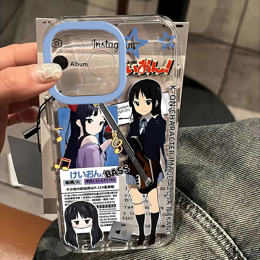 Anime K-ON Girls Cute Phone Case For iPhone 16 16e 15 14 13 12 11 Mini Pro Max X XR XSMax 8 Plus Transparent Soft TPU Back Cover