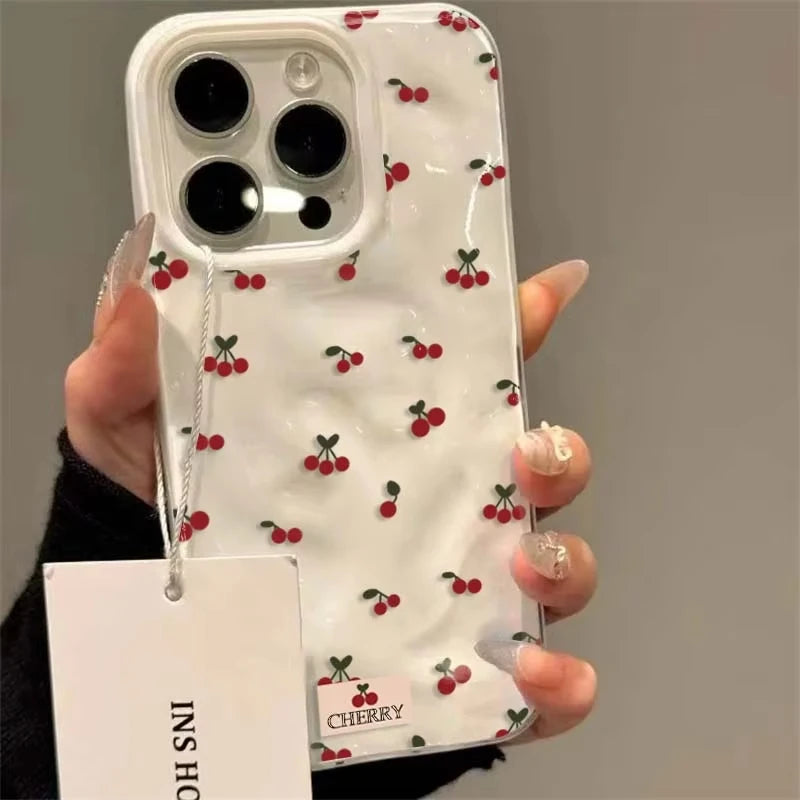 Cute Cherry Folds Texture Phone Case For iPhone 16 15 12 11 Pro Max 13 14 Pro Plus Shockproof Non-Slip Soft Cover Shell Fundas