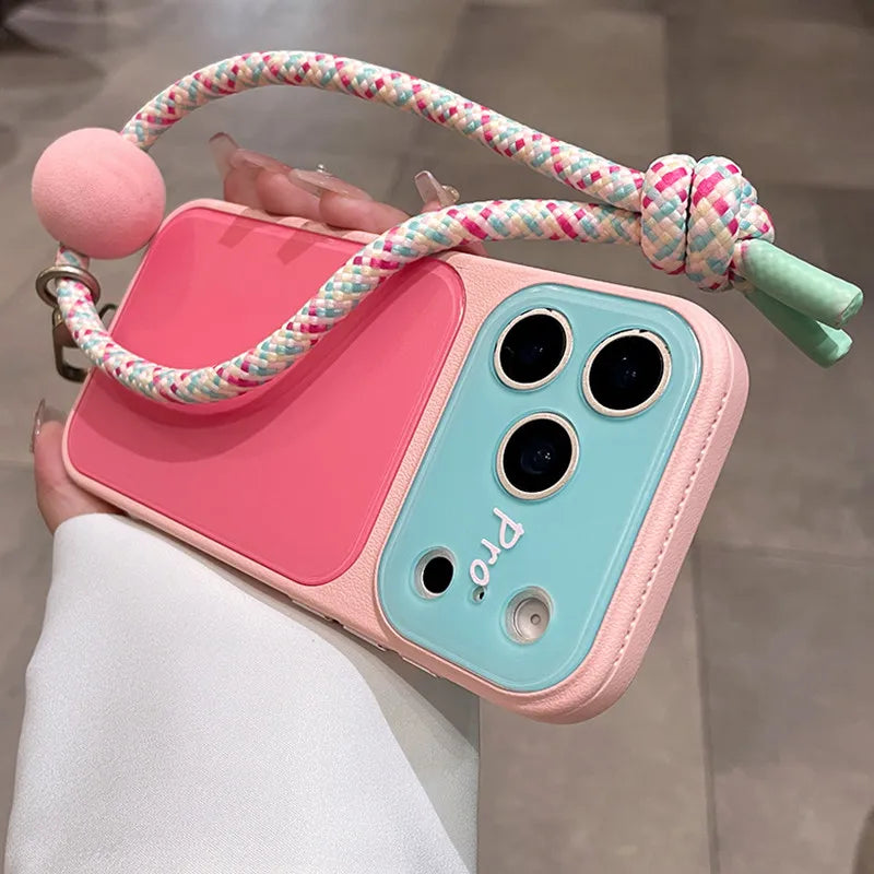 Summer Dopamine Color Lanyard Case for iPhone 17 16 15 14 13 Pro Max 17Pro 16Pro Leather Frame Acrylic Back Bicolor Chain Cover