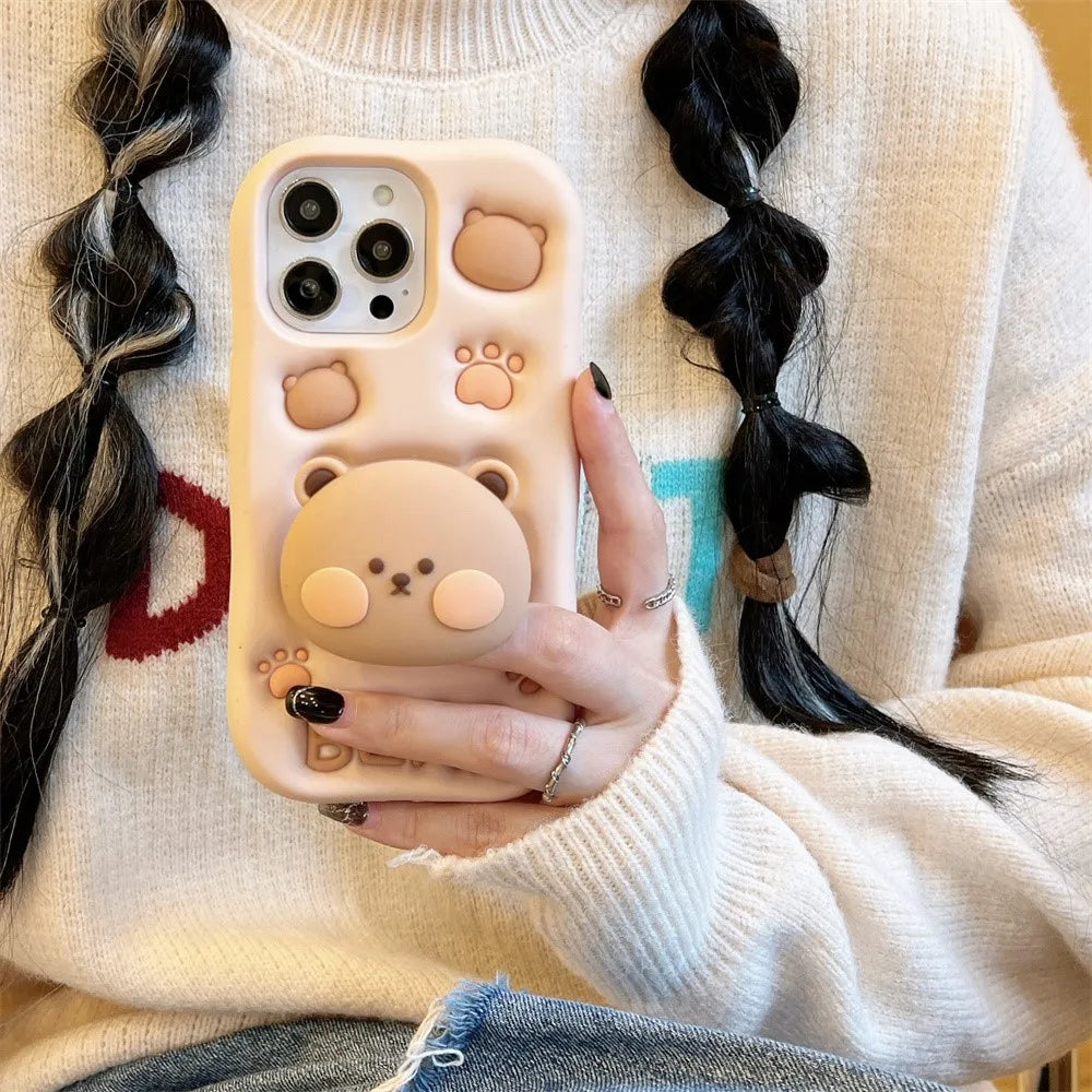 Cartoon Bear Phone Cases For iPhone 16 Plus 15 14 13 12 11 Pro Max X XR XS Max 6 7 8 Plus SE Soft Silicone Cover With Holder