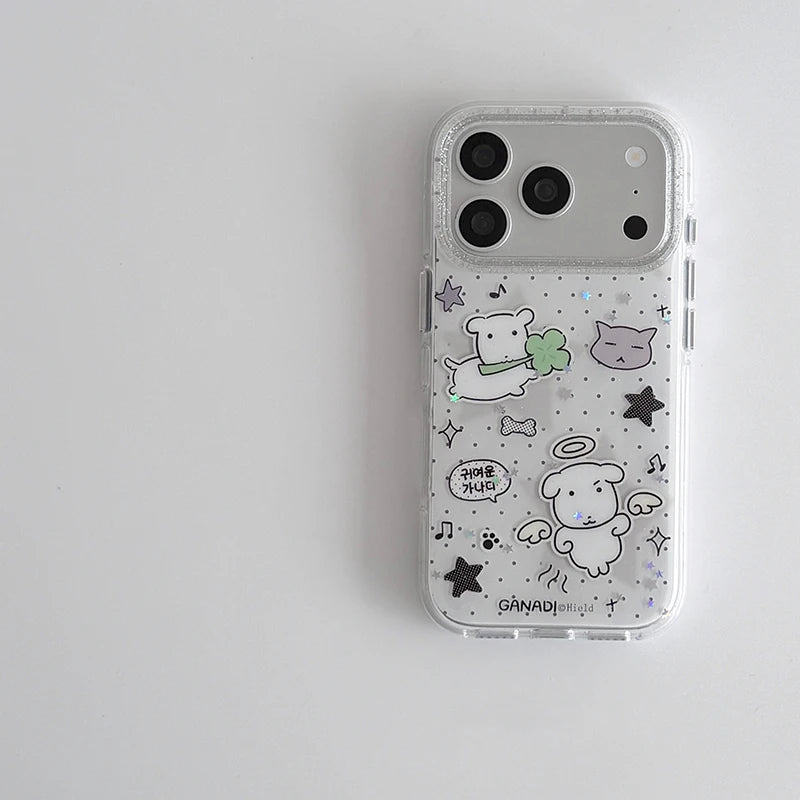 Kawaii Puppy Polka Dots Glitter Phone Case For iPhone 17 Air 16 Pro Max 15 14 Plus 13 12 11 Pro Shockproof Silicone Back Cover