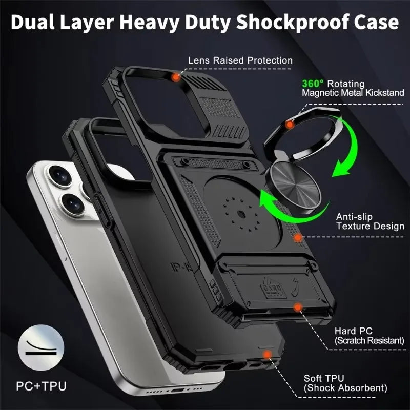 Military Quality Case for iPhone 11 13 14 15 16 Pro Max Magnetic Rotated Ring Kickstand Heavy Duty Drop Protection Wallet Cover