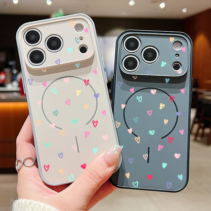 Colorful Heart Print Magnetic Phone Case For iPhone 17 Pro Max 16 15 14 13 Pro Max For Magsafe Wireless Charge TPU Hard PC Cover
