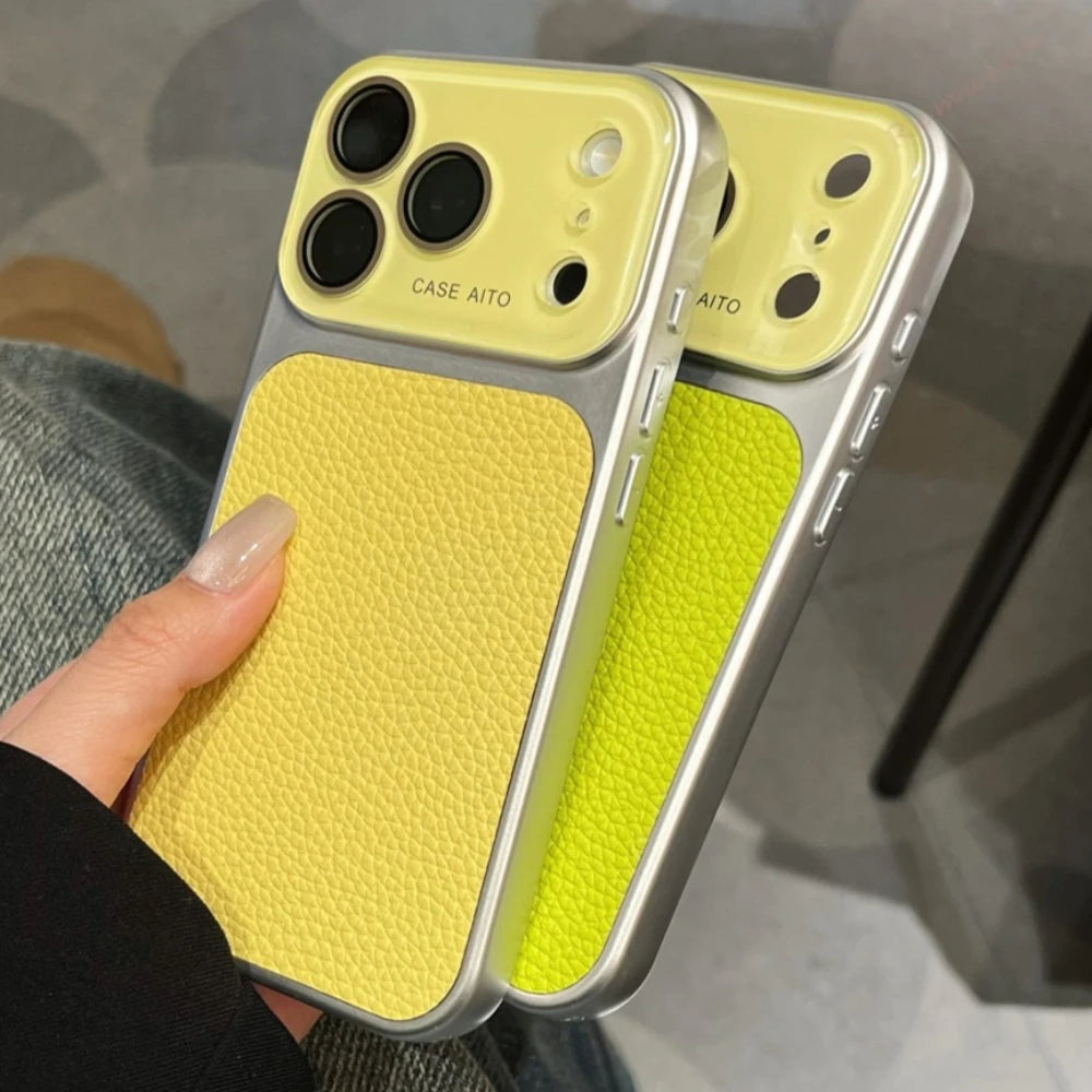 Luxury Candy Color Lychee Leather Case for iPhone 17 16 15 14 13 Pro Max Matte Shockproof Hybrid Glass Camera Protection Cover