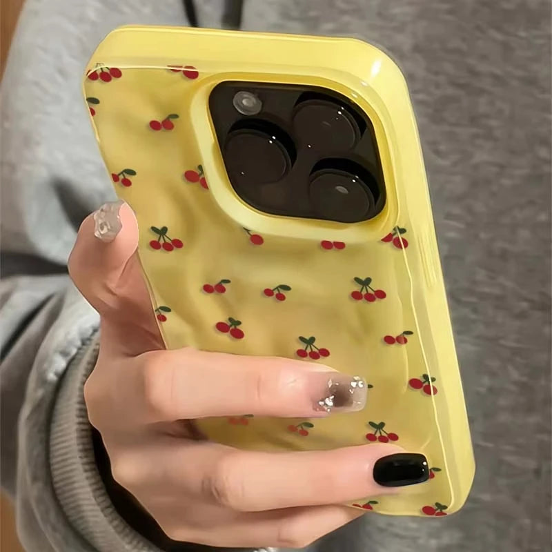 Cute Cherry Folds Texture Phone Case For iPhone 16 15 12 11 Pro Max 13 14 Pro Plus Shockproof Non-Slip Soft Cover Shell Fundas