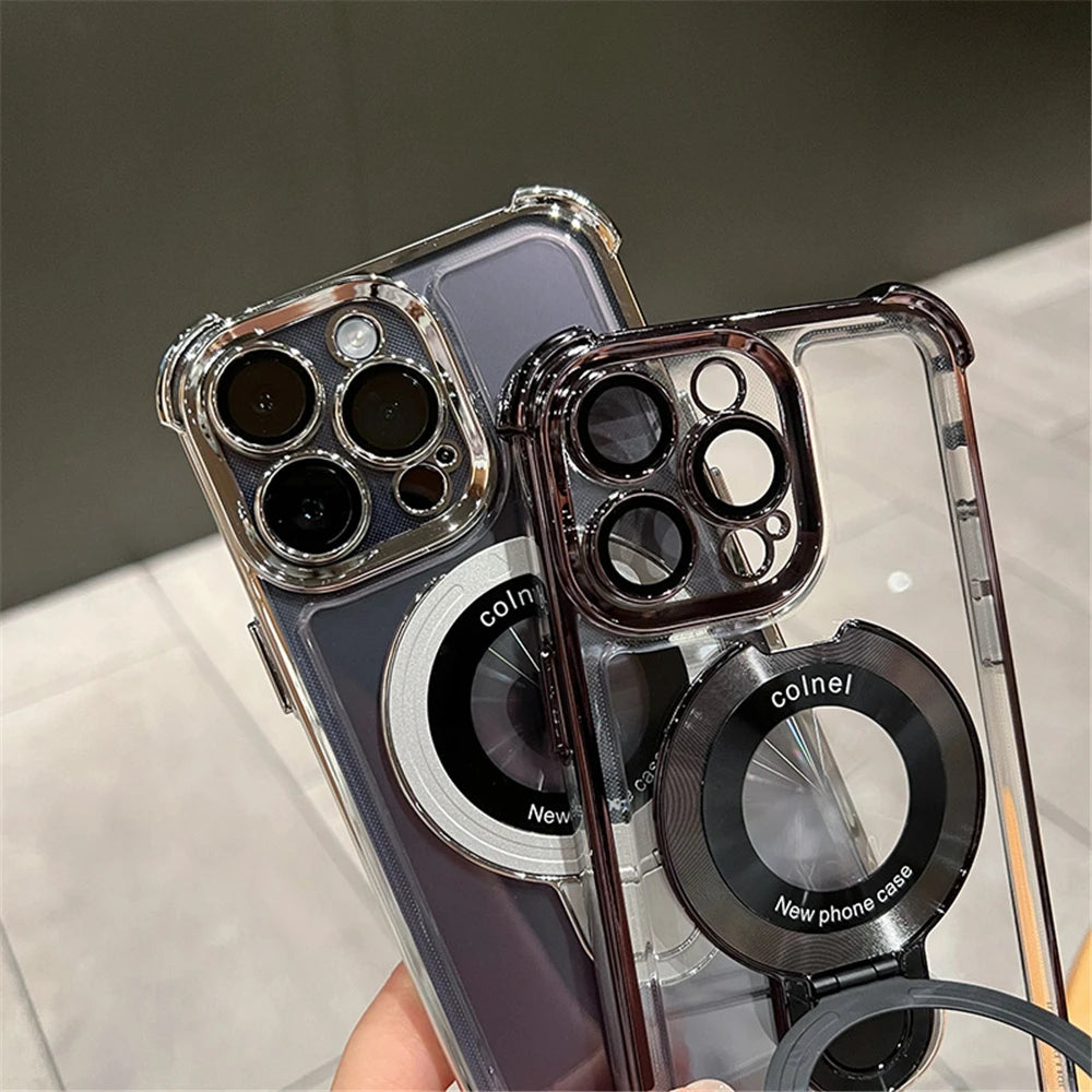 Luxury Plating Clear Magnetic Bracket For Magsafe Case For iPhone 16 15 14 13 12 11 Pro Max With Holder Stand Shockproof Cover