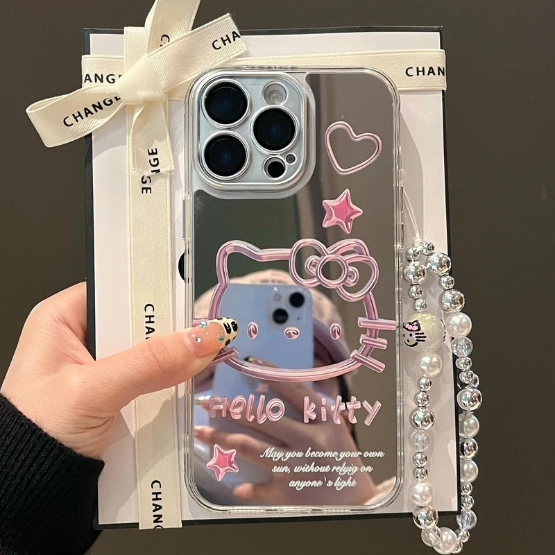 Cute Cartoon Sanrio Y2K Hello Kitty Silver Plating Phone Case For iPhone 16 15 14 13 12 11 Pro Max Cases Mirror Surface  Cover