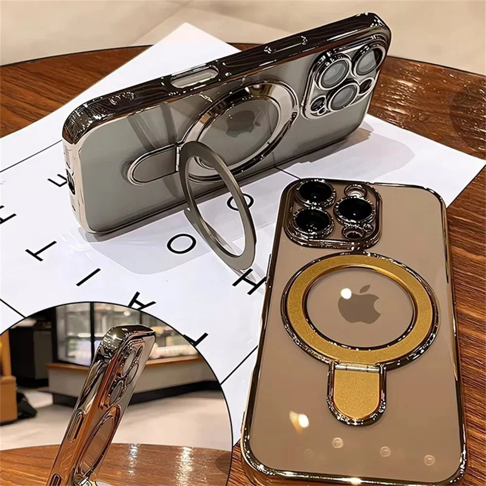 Luxury For Magsafe Bracket Case For iPhone 16 15 14 13 12 11 17 Pro Max 15 Plus Magnetic Ring Stand Holder Clear Acrylic Cover