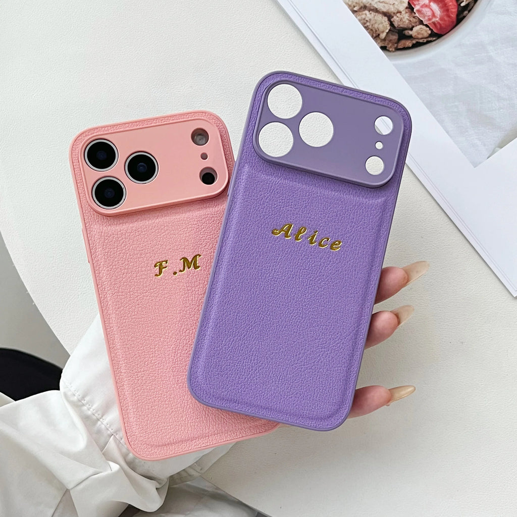 Personalized Letters Faux Leather Phone Case For iPhone 17 16 15 14 13 Pro Max Plus Air Custom Name Hot Gold Foil Embossed Cover