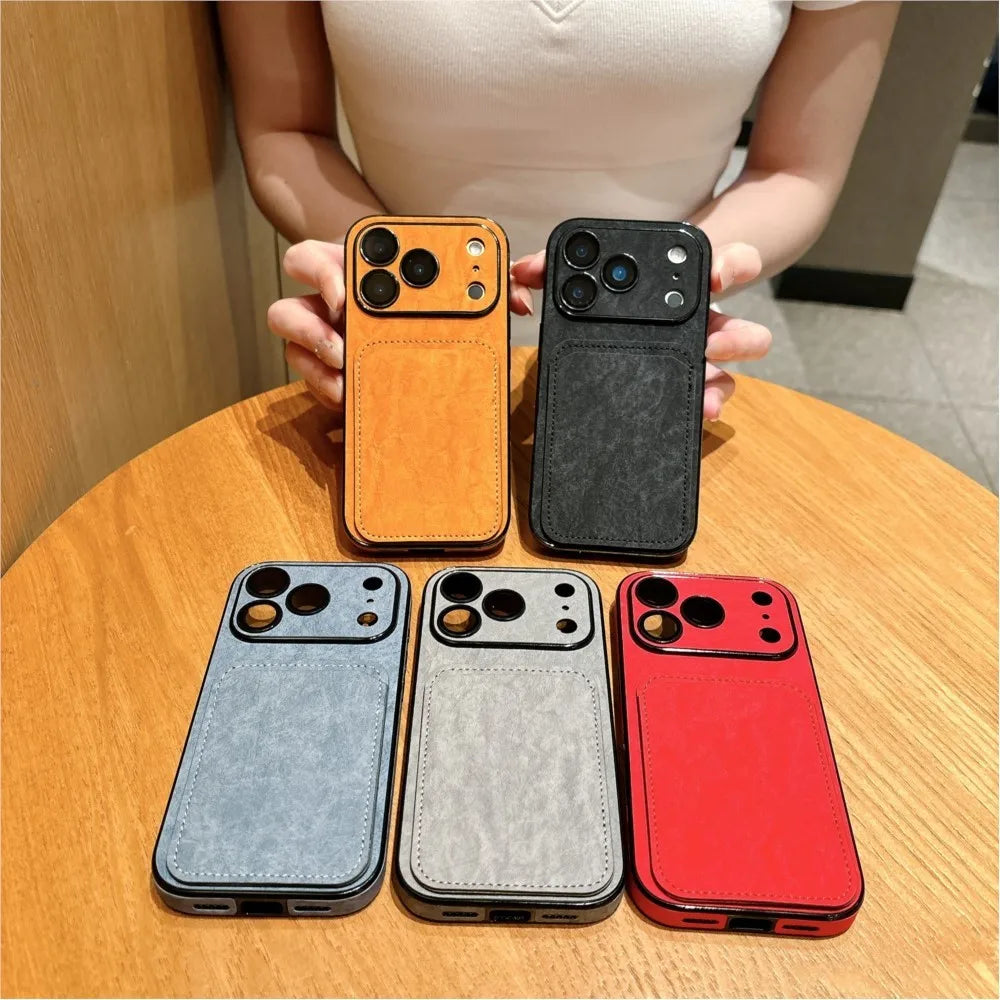 Large Window Wrinkle Texture Card Slot Case For iPhone 17 16 15 14 Plus 13 Pro Max Lens Protection Shockproof Matte Wallet Cover