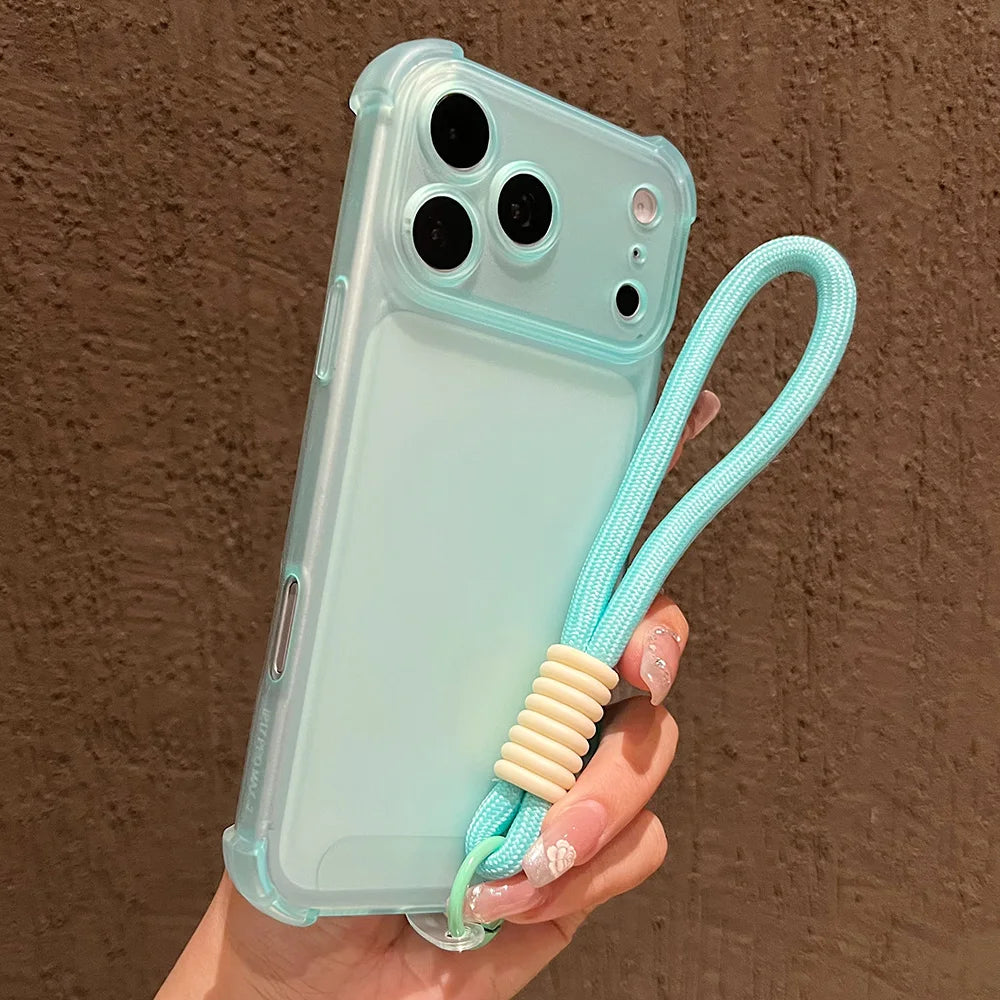 Luxury Matte Transparent Shockproof Protective Phone Case For iPhone 17 16 15 14 13 12 11 Pro Max Hand Wrist Strap Lanyard Cover