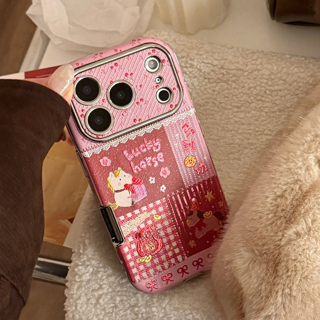 2026 lucky rich horse leather 3D back cover bracelet phone case for iphone 13 14 15 promax 16 17 pro max cover