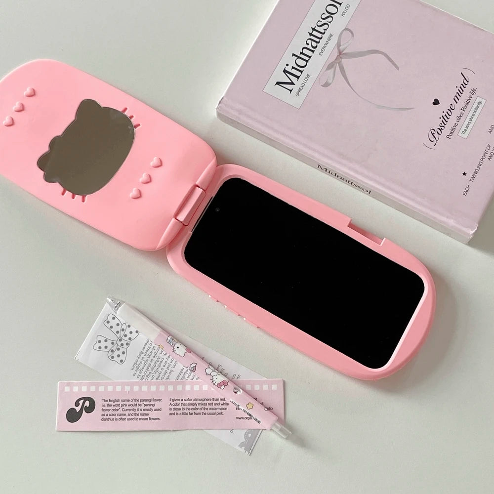 3D Cute Sanrio Hello Kitty Hide Makeup Mirror Flip Cover Phone Case For iPhone 17 16 15 14 13  Pro Max Soft Silicone Cover