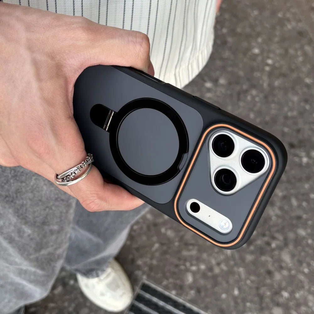 Luxury Metal Ring Holder For Magsafe Case For iPhone 17 Pro Max 16 Plus 15 Pro 14 13 12 11 Magnetic Matte Bumper PC Cover Funda