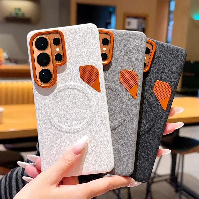 Orange Vent Magnetic Suction Ring Lens Heightening Case For Samsung Galaxy S24 Plus S25 S26 Ultra PU Leather Cover For Magsafe