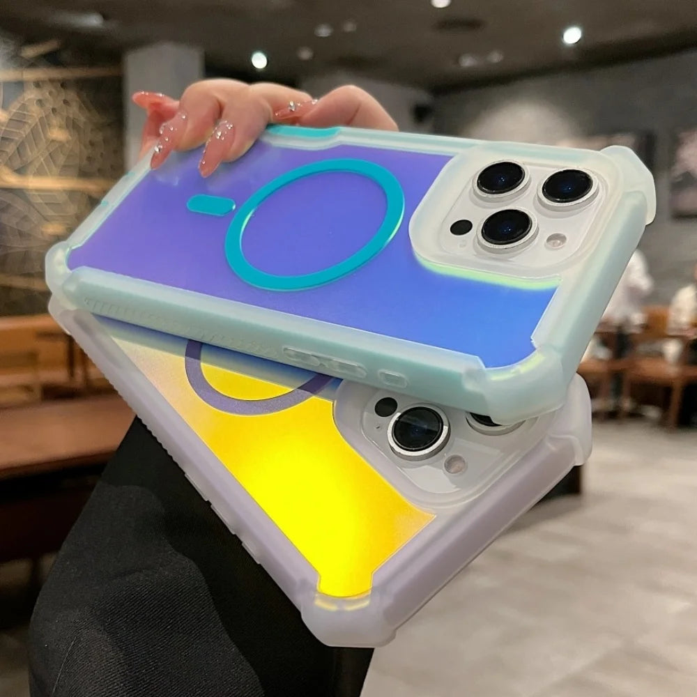 Luxury for Magsafe Laser Dazzling Armor Case For iPhone 17 16 15 14 13 Pro Max Wireless Charging Dual Layer Protection Cover