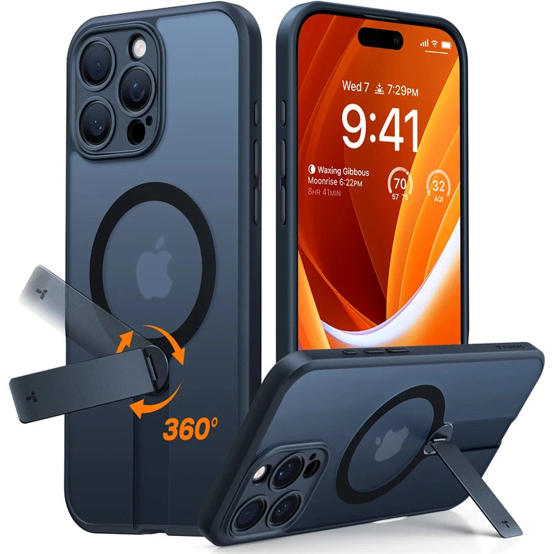360 Hidden Metal Stand Magnetic Case for IPhone 17 Air 16 15 14 13 12 Pro Max Plus 16Pro 17Pro i17 Magsafe Mag Safe Phone Cover