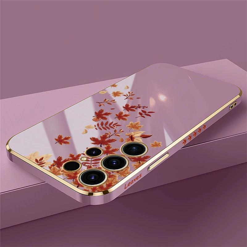 Case For Samsung Galaxy S25 S 25 Ultra S23 FE S24 S 24 5G S22 Plus S21 FE Luxury Silicone Plating Leaves Pattern Cover