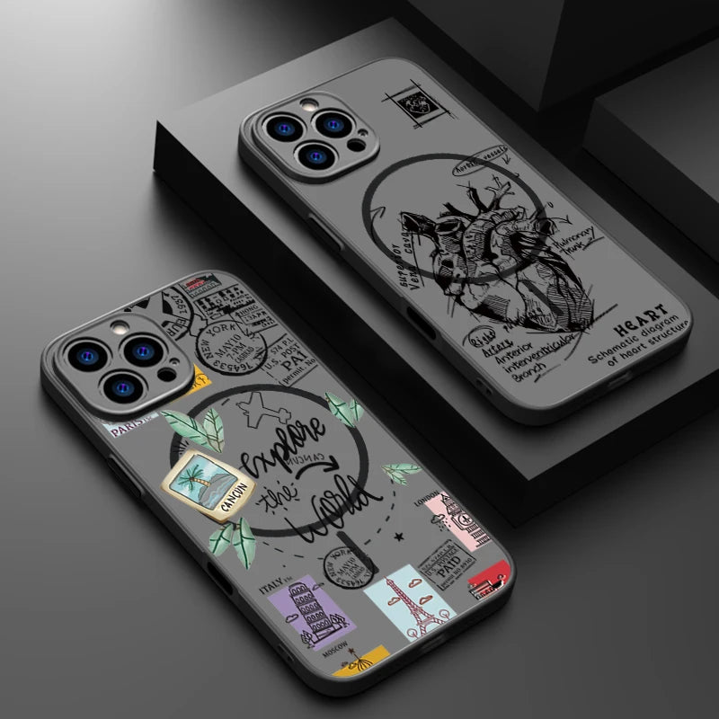 Airplane Landmark Label Pattern Phone Case For iPhone 17 Pro 16 15 14 13 Pro 16e Max For Magsafe Wireless Charge Magnetic Cover