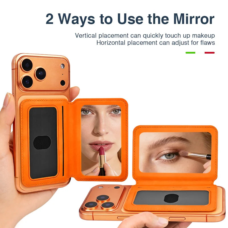 Thin Leather Wallet Magnetic Cellphone Card Holder For IPhone 12 13 14 15 16 17 Pro Max For Magsafe Bring Your Own Makeup Mirror