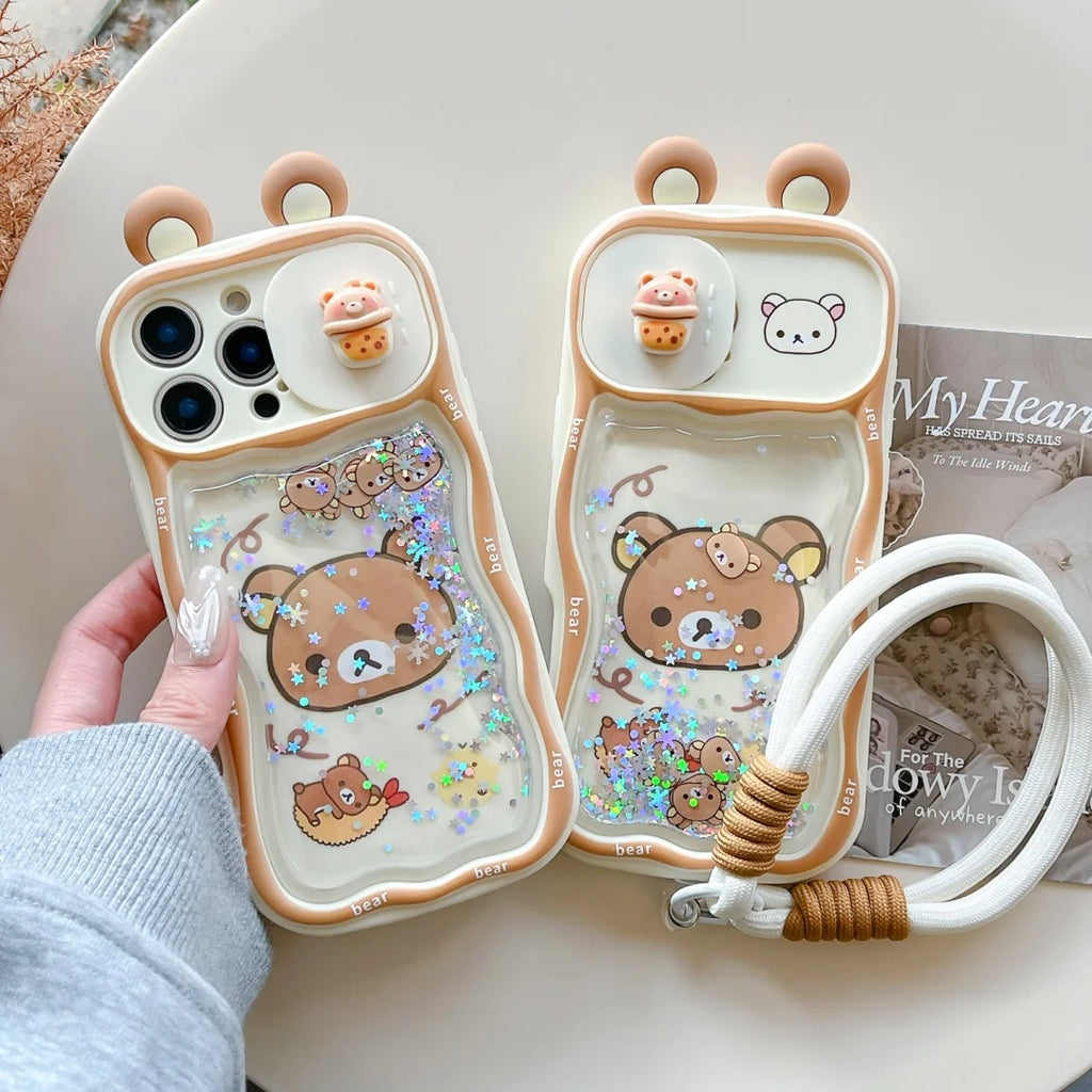 INS Japan Cartoon quicksand Bear Couple Family Phone Case For iPhone 17 16 15 14 13 12 11 Pro Max XR XS Plus Anti Fall Cover