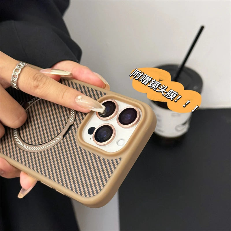 Carbon Fiber Metal Ring Stand Magnetic Case for Magsafe IPhone 15 14 13 12 11 16 Pro Max Plus with Lens Protector Mac Safe Cover