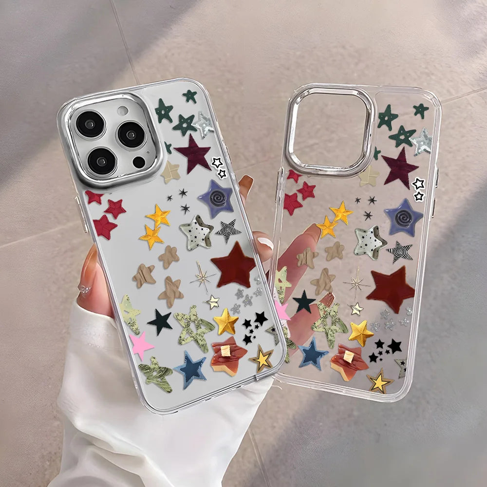 Korean Creative Threaded Star Silver Lens Frame Phone Case For iPhone 17 Pro Max Air 16 15 Pro Max 14 Pro13 12 11 Silicone Cover