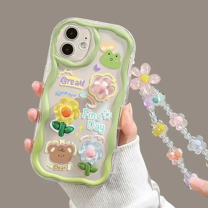 3D Pink Flower Phone Chain Clear Case for Samsung Galaxy S26 S25 Plus S23 S24 Ultra FE S25FE A57 A37 A17 A56 A16 A55 A54 A15 5G