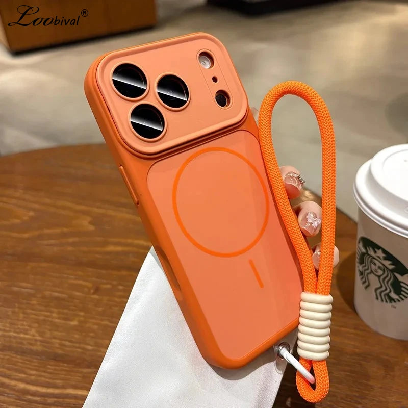 Luxury Matte With Lanyard for Magsafe Case for iPhone 15 16 17 Pro Max 14 Plus 12 11 13 Magnetic Wireless Charging Strap Cover