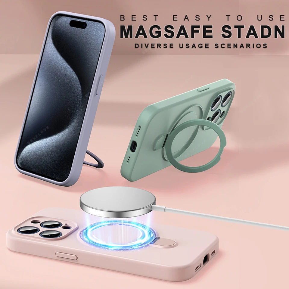 Magnetic Liduid Silicone Phone Case For iPhone 17 Air 14 15 16 Pro Max Magsafe Ring Holder Stand Shockproof Protector Cover