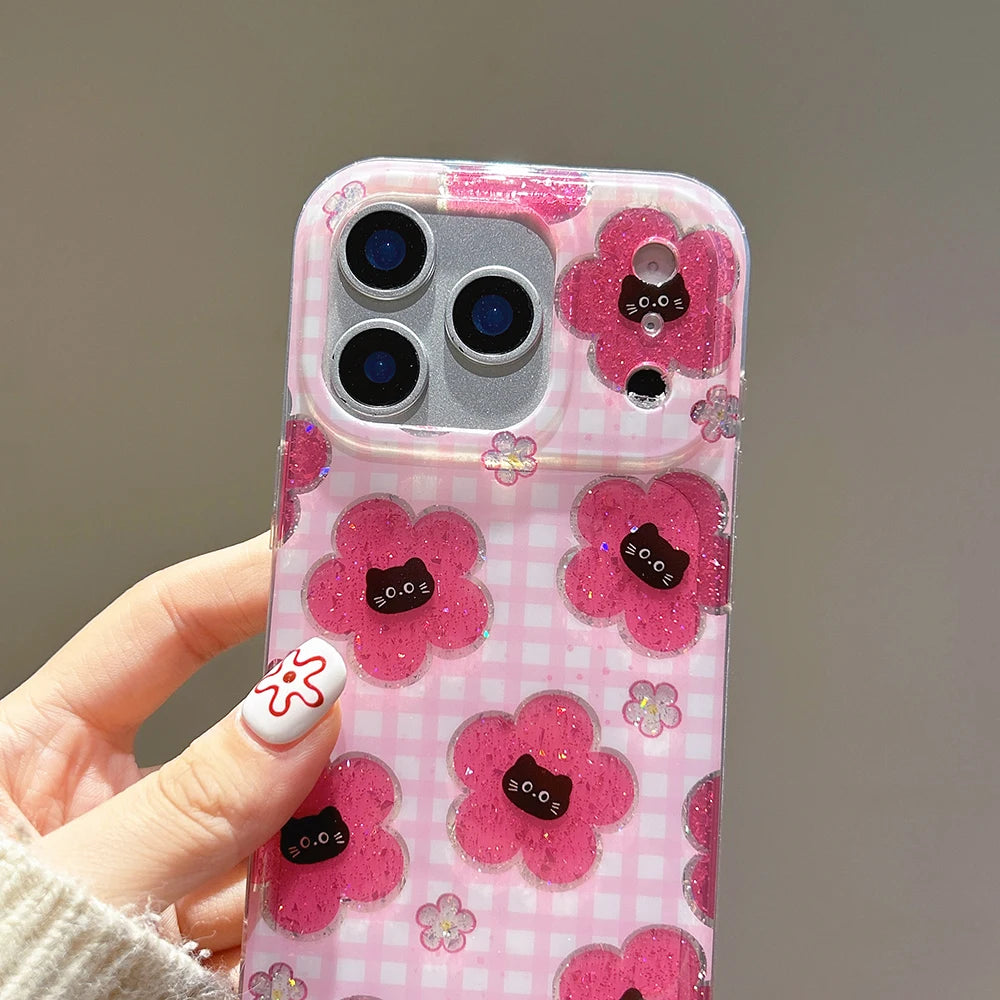 Cute Pink Grid Pattern for Iphone 17Promax Cartoon Black Cat Glitter Case for iPhone 14 15 16 Pro Max 17 pro Shockproof Cover
