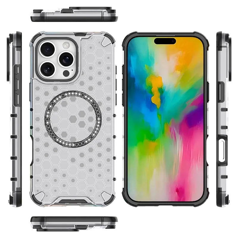 Magnetic Case for iPhone 16 15 14 13 12 11 Pro Max Plus Crystal Honeycomb Cover for Magsafe Shockproof Air-cushion Soft Shell