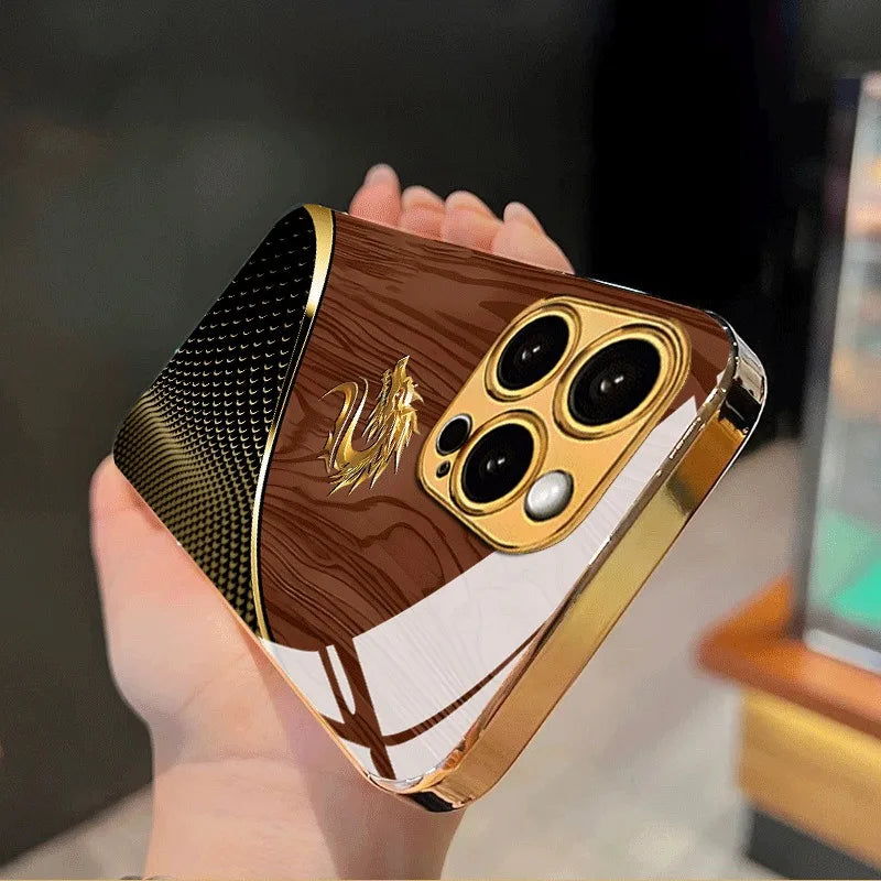 Luxury Textured Dragon Head Gold Metallic Paint Glass Phone Case For iPhone 17 Pro Max 11 12 13 14 15 16 Plus 17 Air 16E Cover