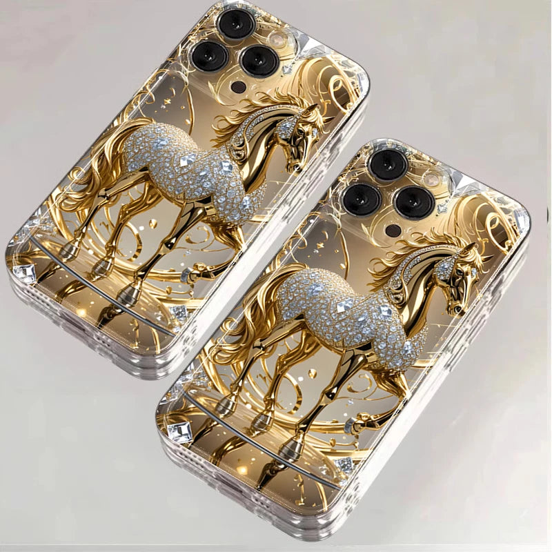 Golden Horse Diamond Printed Phone Case For iPhone 17 16 15 14 Plus Pro Max 12 11 13 X XS XR 7 8 Plus 16E 17Air Soft Clear Cover