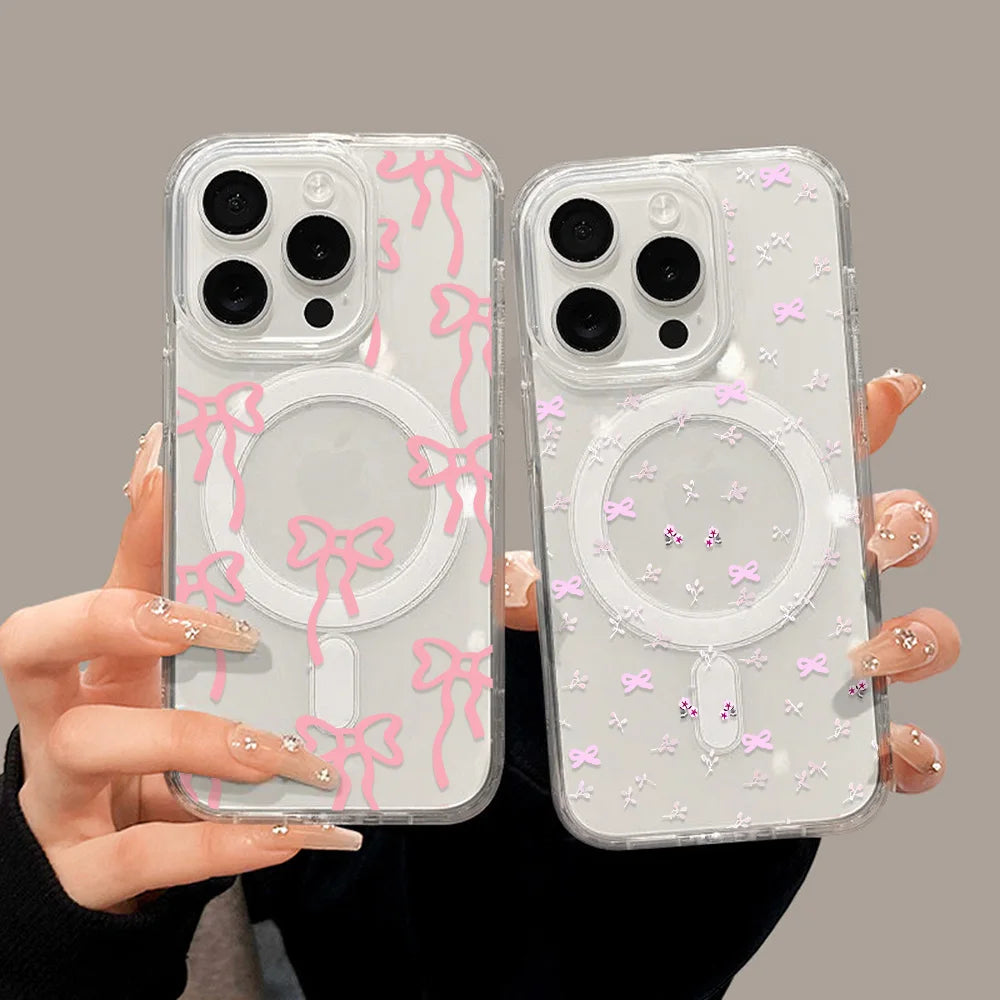Cute Bow For Magsafe Wireless Charger Case For iPhone 17 14 15 13 11 12 16 Pro Max Funda iPhone 17Air Magnetic Clear Phone Cover