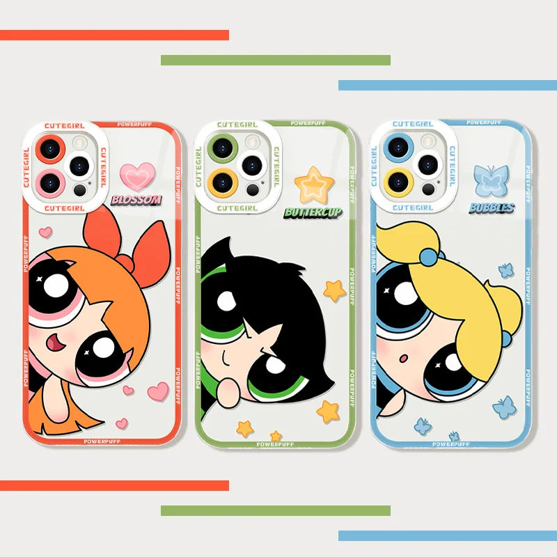 Anime P-Powerpuff Girls Soft Silicone Phone Case for iPhone 16 17 15 14 Pro Max Air 17E 13 12 11 ProMax Transparent Back Cover