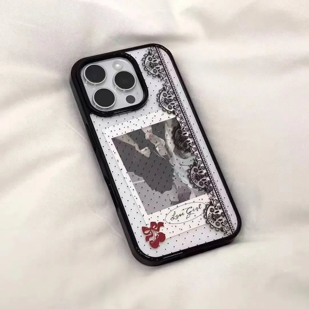 Black Polka Dots Lace Trim Cherry Phone Case For iPhone 17 AIR 16 15 14 13 12 11 Pro MAX X Xr XS 7 8 Plus Y2K Minimalism Cover