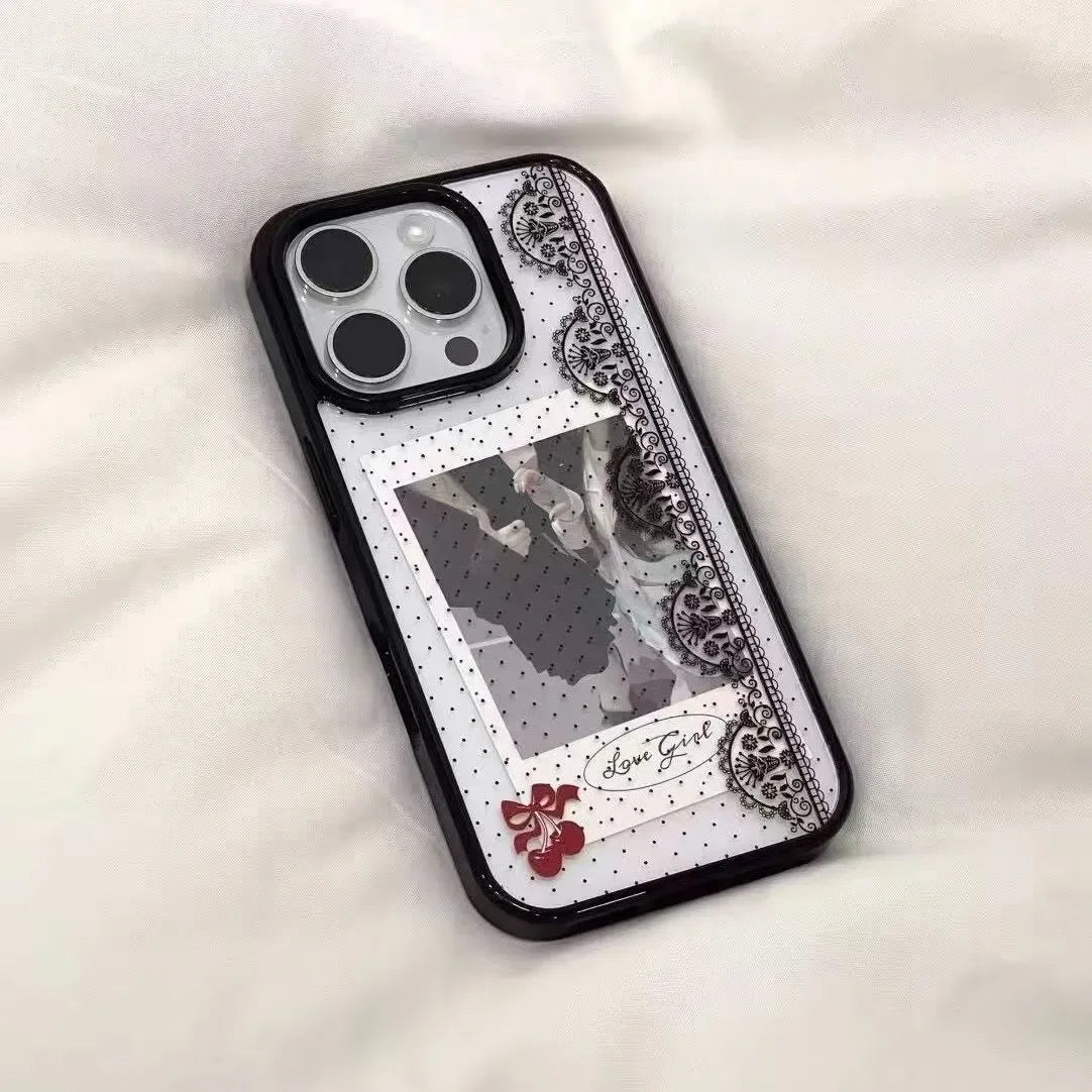 Black Polka Dots Lace Trim Cherry Phone Case For iPhone 17 AIR 16 15 14 13 12 11 Pro MAX X Xr XS 7 8 Plus Y2K Minimalism Cover
