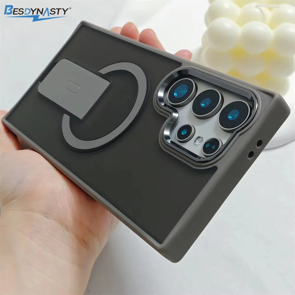 Luxury Folding Stand Magnetic Phone Case For Samsung S26 S25 S24 S23 Ultra Plus S25edge S25FE S24FE Matte Translucent Back Cover