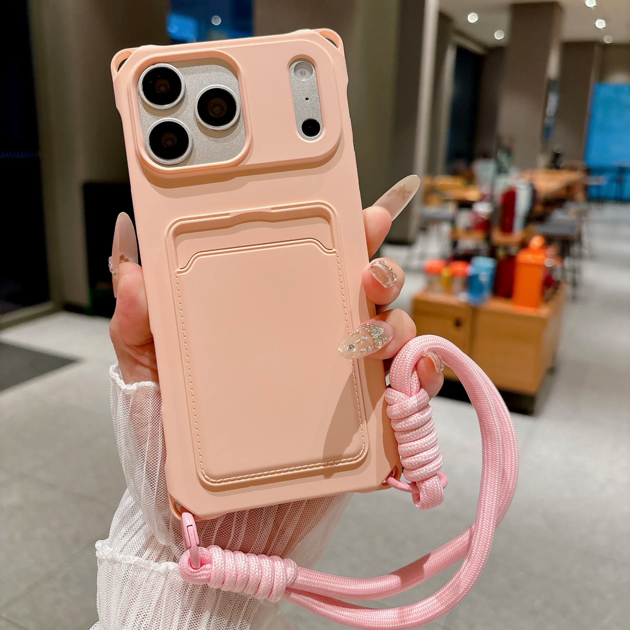 Four Corner Holes Detachable Hand Wrist Lanyard Phone Case For iPhone 17 16 15 14 13 12 11 Pro Max Plus Mini Air Card Slot Cover