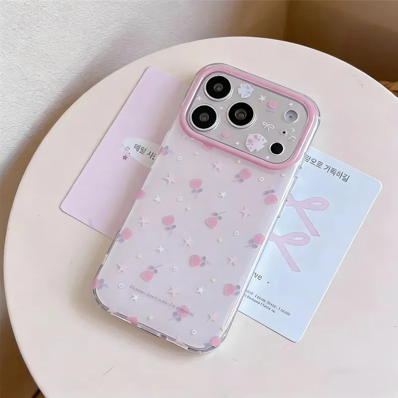 Cute Pink Rose Flowers Stars Pattern Phone Case For iPhone 17 16 Pro 15 14 13 12 11 Pro Max Shockproof Protection Back Cover