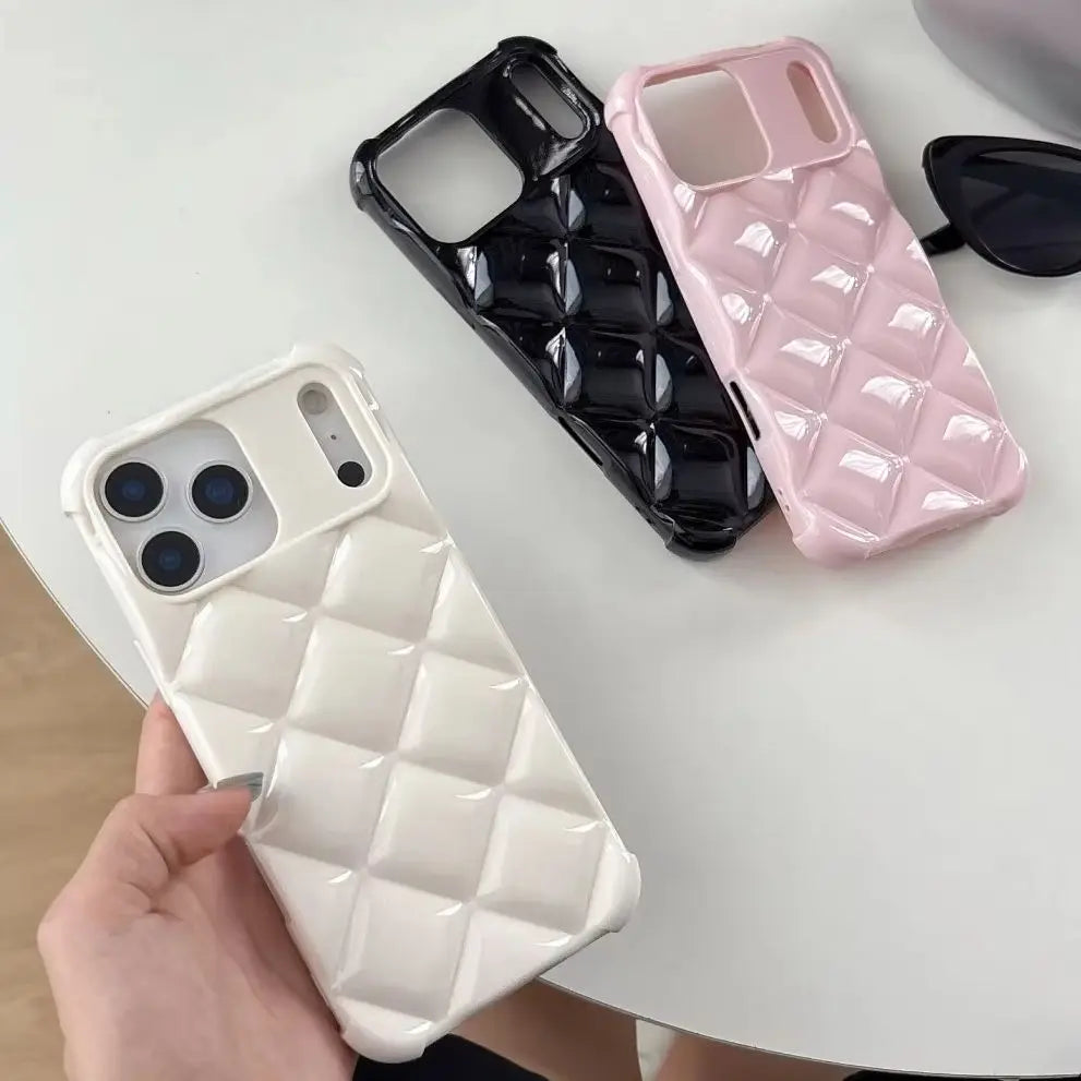 3D Rhombus Diamond Grid Pattern Phone Case For iPhone 17 Air 16 E 15 14 13 12 Mini 11 Pro Max Plus Glossy Shockproof Soft Cover